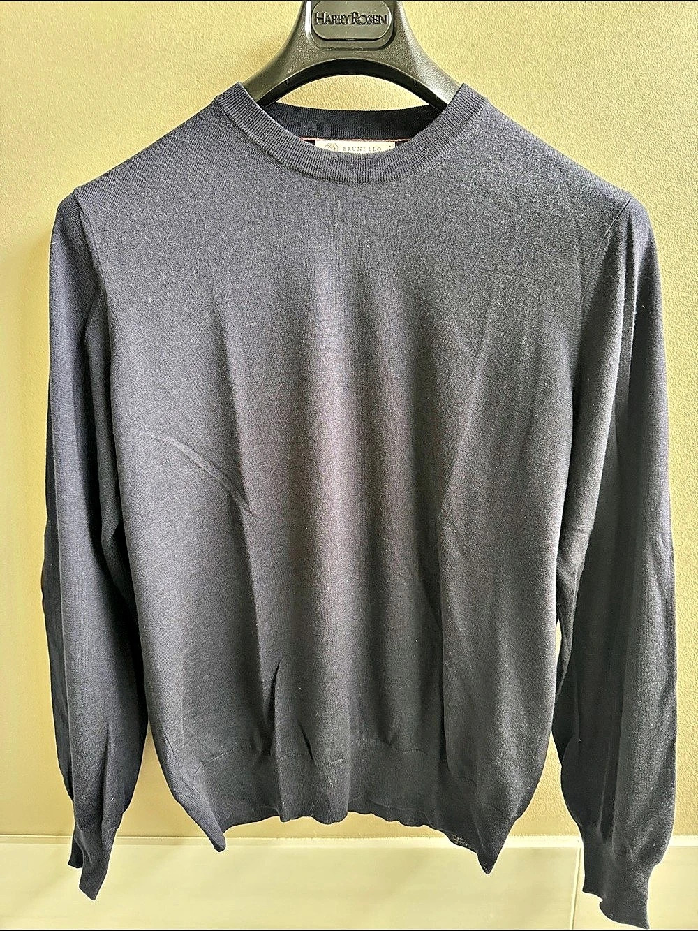 Brunello Cucinelli Cashmere Navy Crewneck Sweater with Suede Elbow Patches